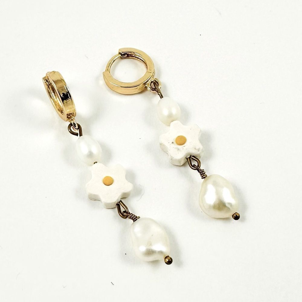Handmade Gold Hoop Dangle Earrings with Freshwater Pearls and Daisy Drops